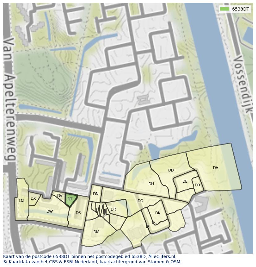Afbeelding van het postcodegebied 6538 DT op de kaart.