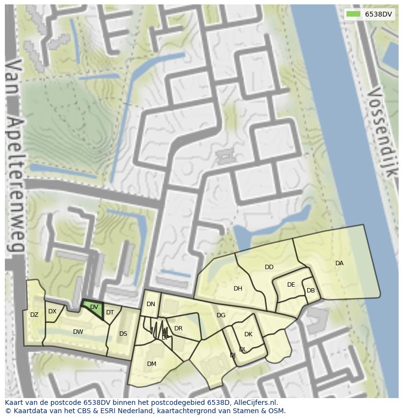 Afbeelding van het postcodegebied 6538 DV op de kaart.