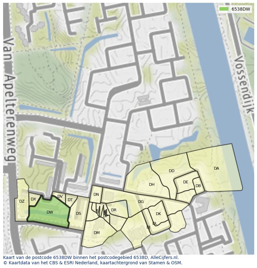 Afbeelding van het postcodegebied 6538 DW op de kaart.