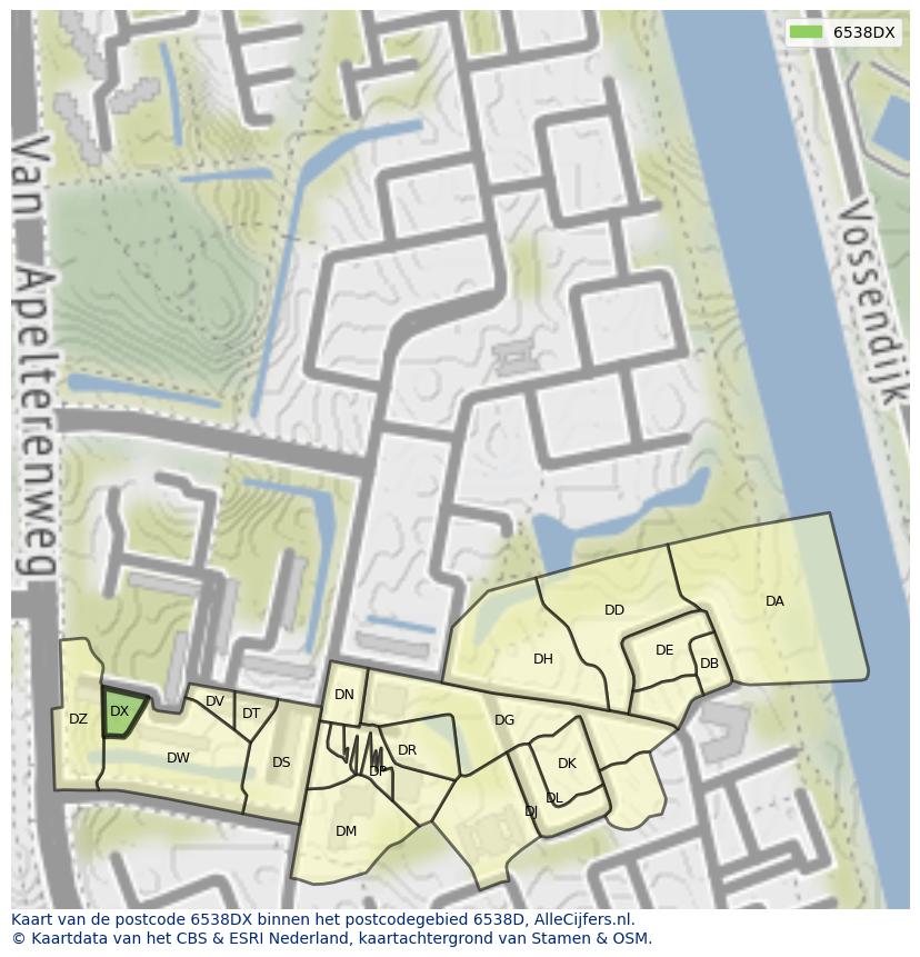 Afbeelding van het postcodegebied 6538 DX op de kaart.