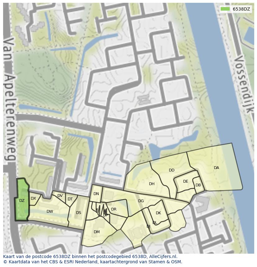 Afbeelding van het postcodegebied 6538 DZ op de kaart.