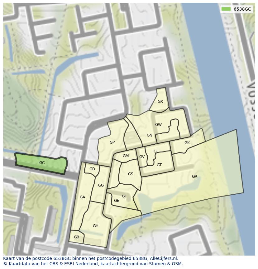 Afbeelding van het postcodegebied 6538 GC op de kaart.