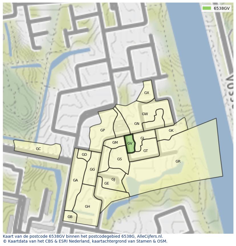 Afbeelding van het postcodegebied 6538 GV op de kaart.