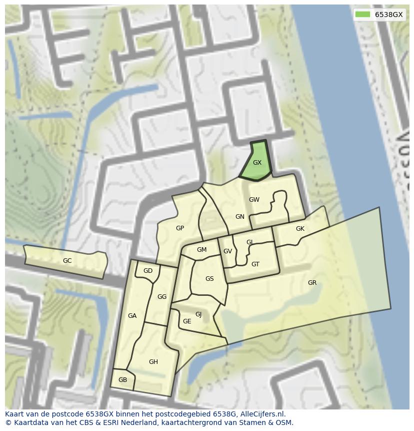 Afbeelding van het postcodegebied 6538 GX op de kaart.