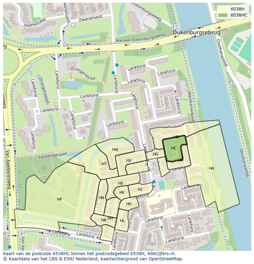 Afbeelding van het postcodegebied 6538 HC op de kaart.
