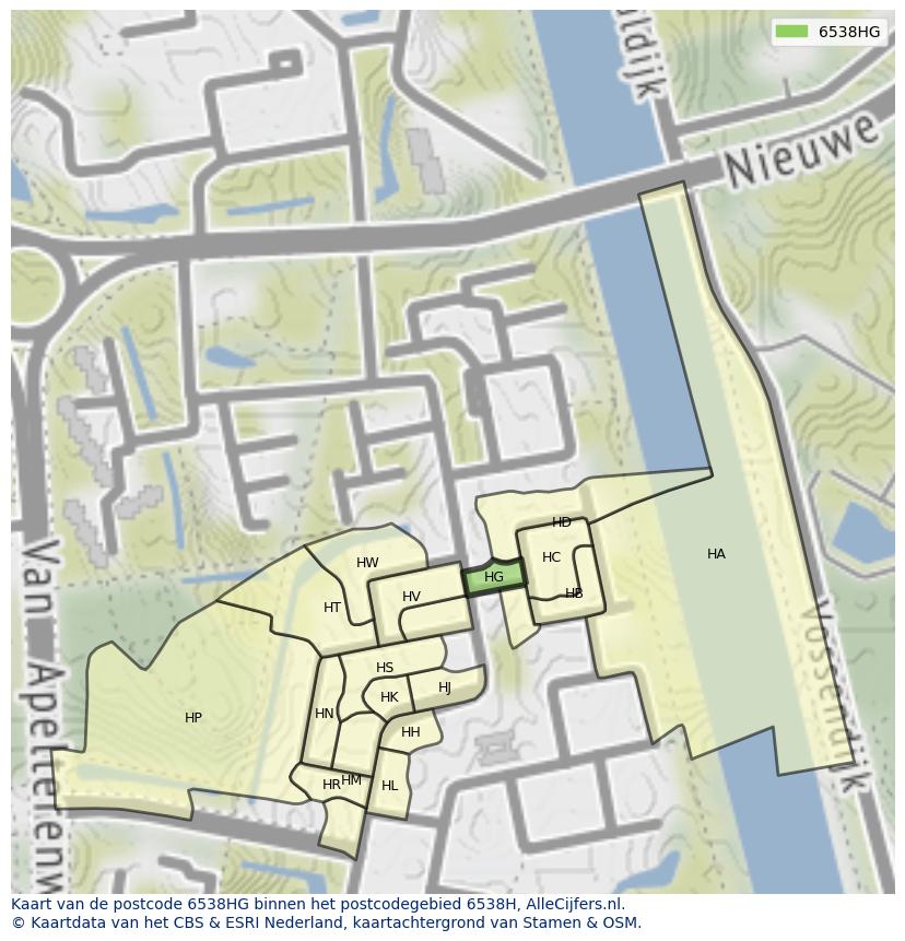 Afbeelding van het postcodegebied 6538 HG op de kaart.
