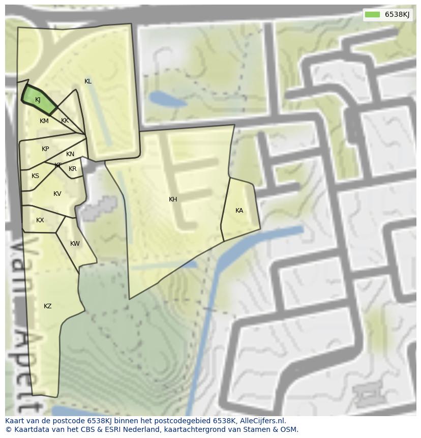 Afbeelding van het postcodegebied 6538 KJ op de kaart.