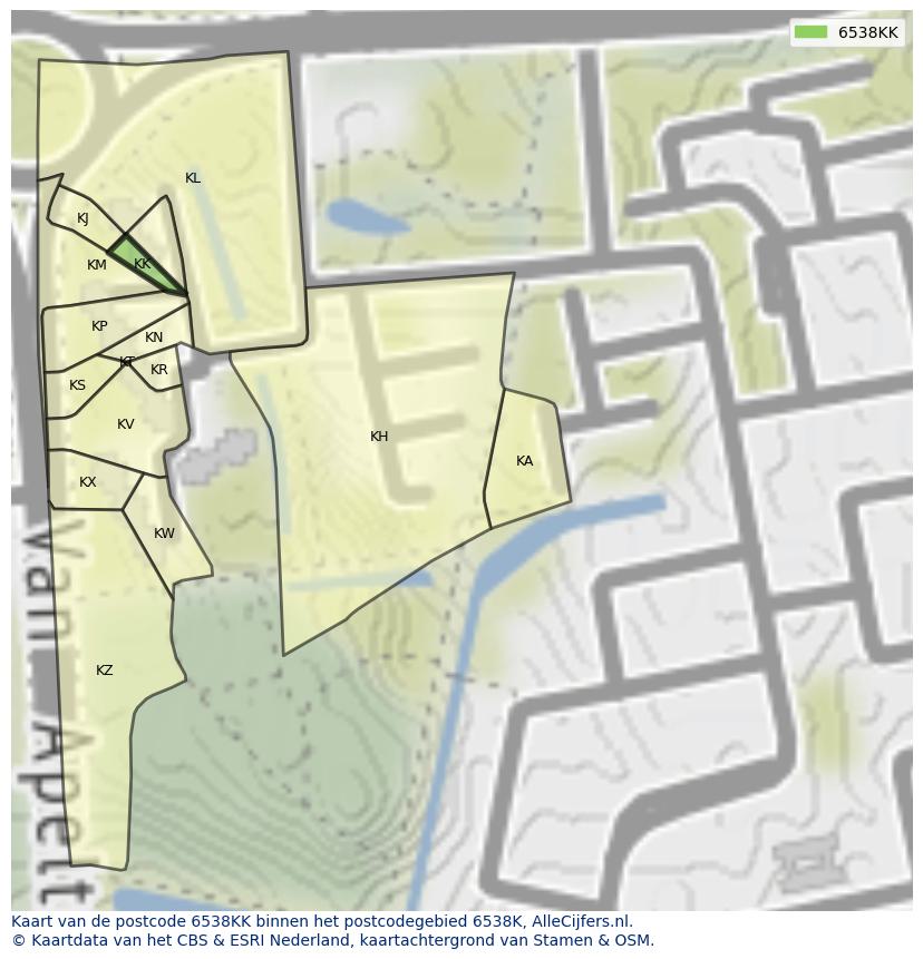 Afbeelding van het postcodegebied 6538 KK op de kaart.
