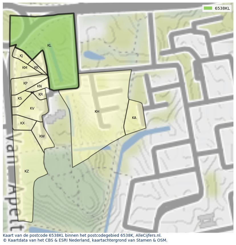 Afbeelding van het postcodegebied 6538 KL op de kaart.
