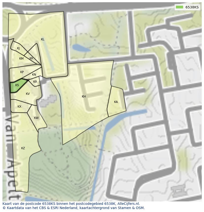 Afbeelding van het postcodegebied 6538 KS op de kaart.