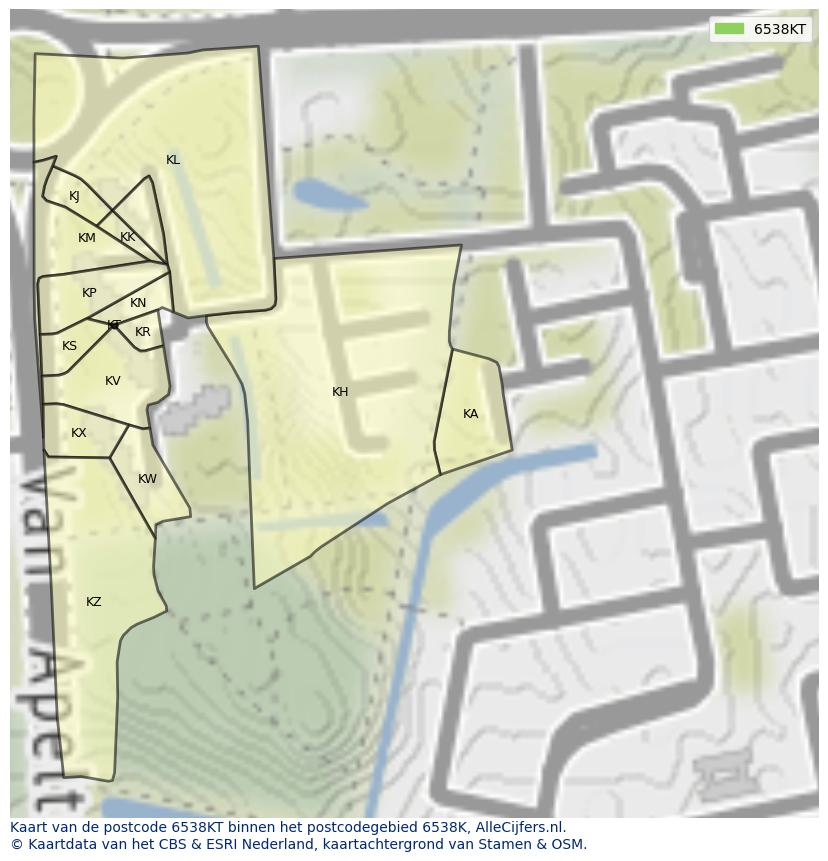 Afbeelding van het postcodegebied 6538 KT op de kaart.