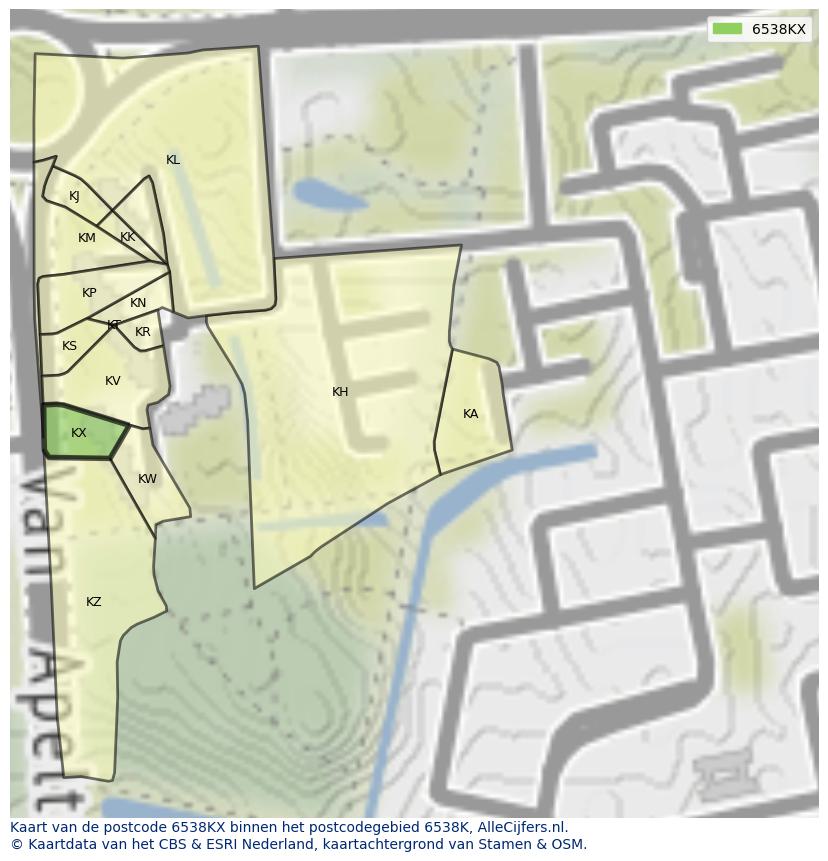 Afbeelding van het postcodegebied 6538 KX op de kaart.