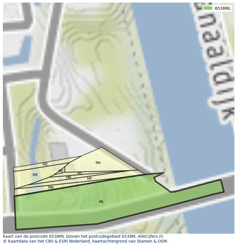 Afbeelding van het postcodegebied 6538 ML op de kaart.