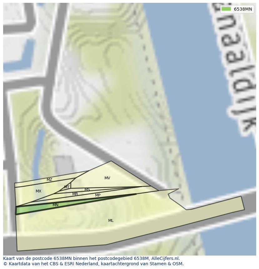 Afbeelding van het postcodegebied 6538 MN op de kaart.