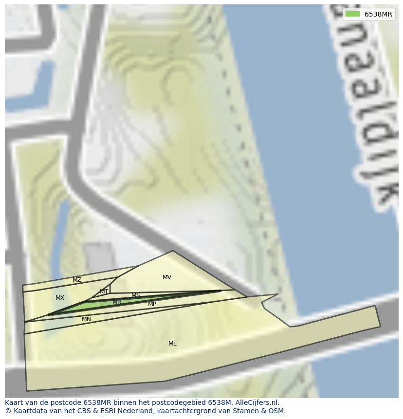 Afbeelding van het postcodegebied 6538 MR op de kaart.