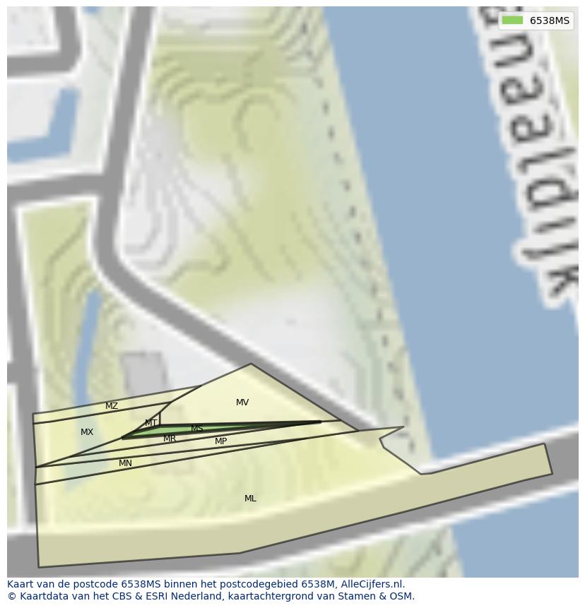 Afbeelding van het postcodegebied 6538 MS op de kaart.