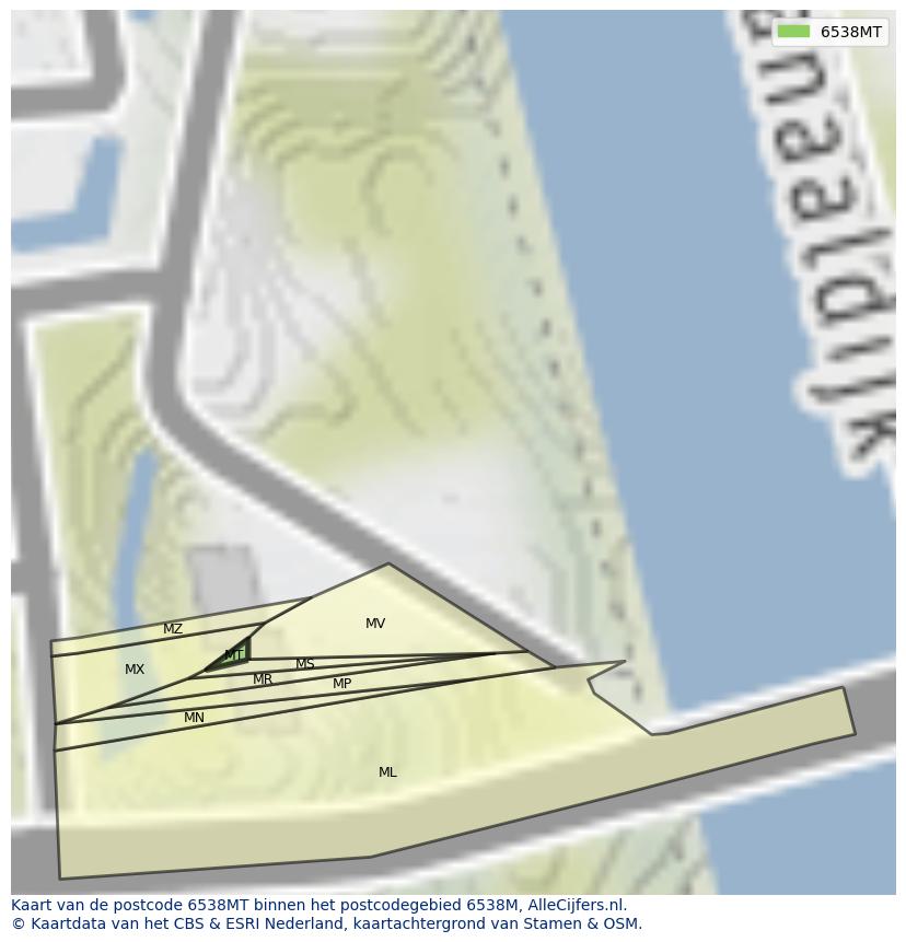 Afbeelding van het postcodegebied 6538 MT op de kaart.