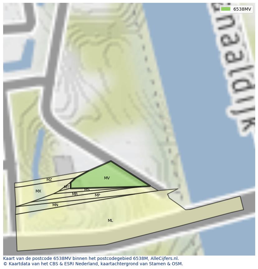 Afbeelding van het postcodegebied 6538 MV op de kaart.