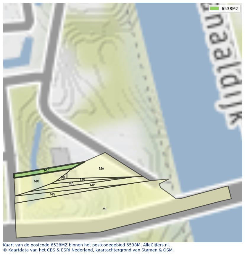 Afbeelding van het postcodegebied 6538 MZ op de kaart.