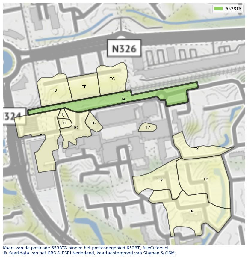 Afbeelding van het postcodegebied 6538 TA op de kaart.