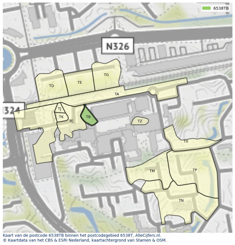 Afbeelding van het postcodegebied 6538 TB op de kaart.