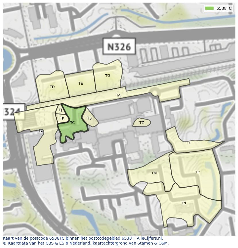 Afbeelding van het postcodegebied 6538 TC op de kaart.