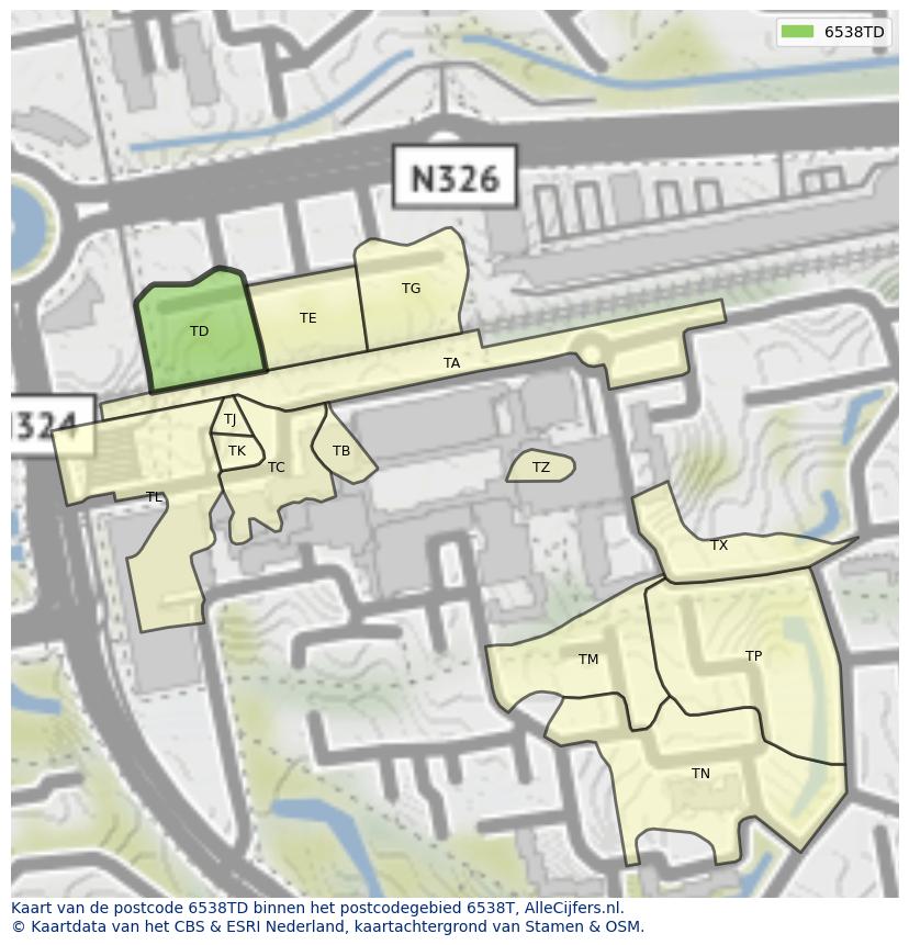 Afbeelding van het postcodegebied 6538 TD op de kaart.
