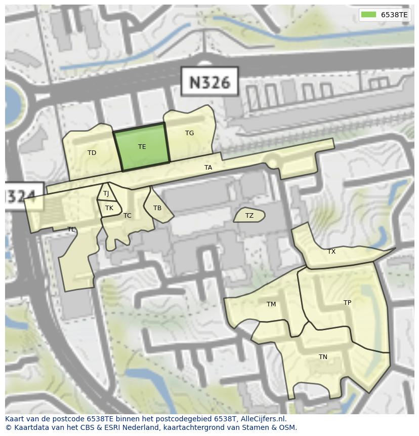 Afbeelding van het postcodegebied 6538 TE op de kaart.