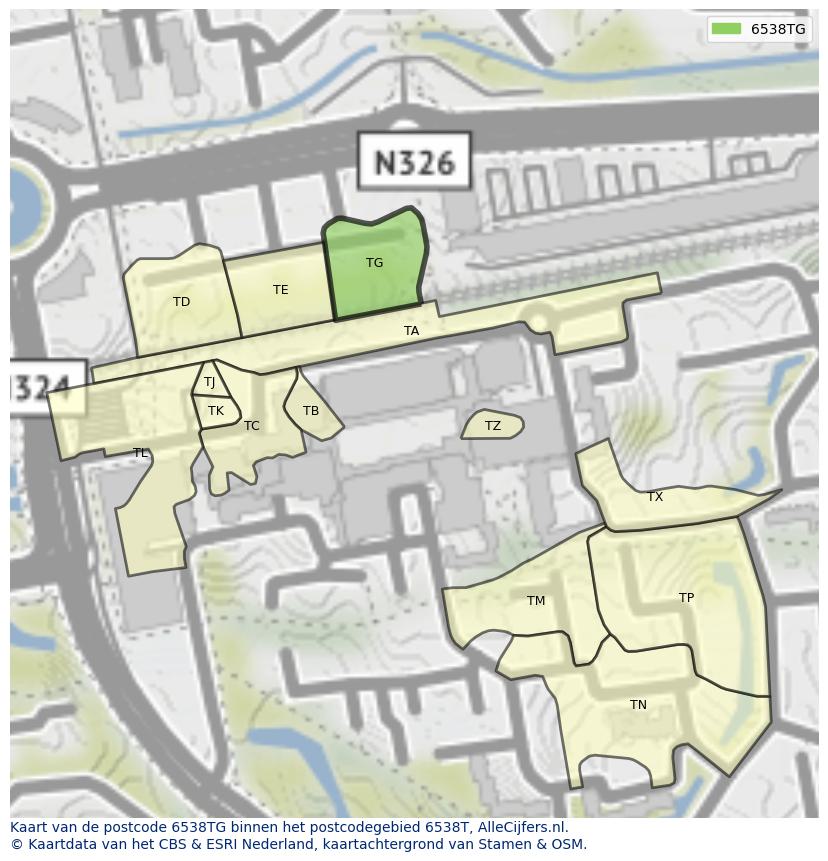 Afbeelding van het postcodegebied 6538 TG op de kaart.
