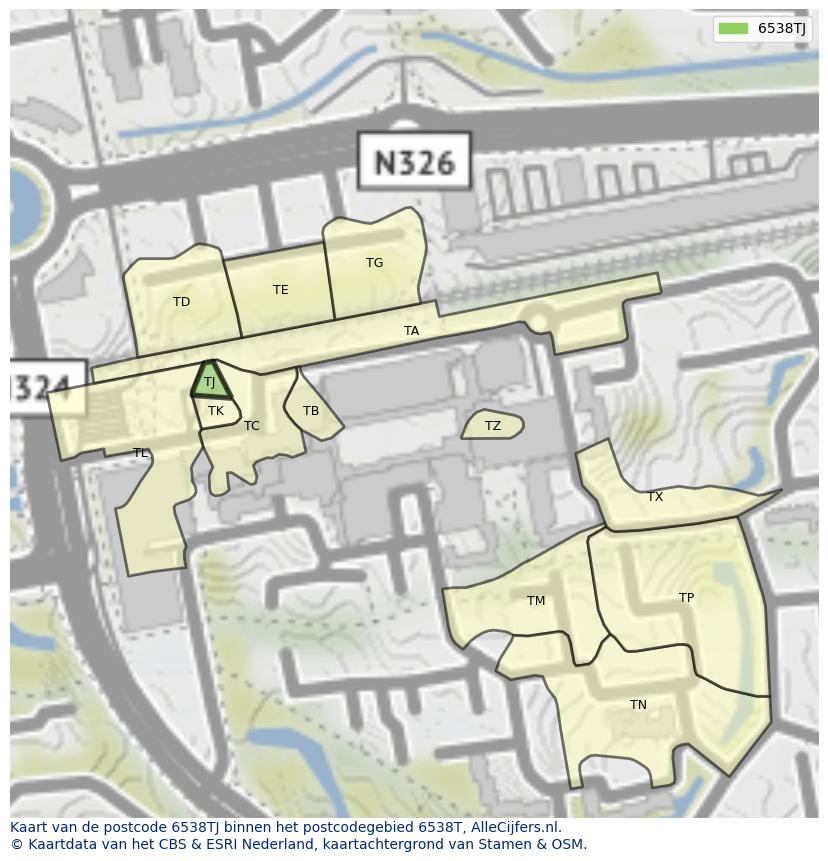 Afbeelding van het postcodegebied 6538 TJ op de kaart.