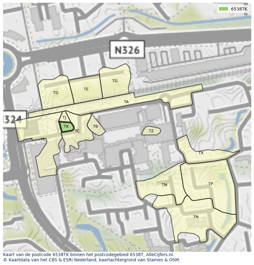 Afbeelding van het postcodegebied 6538 TK op de kaart.
