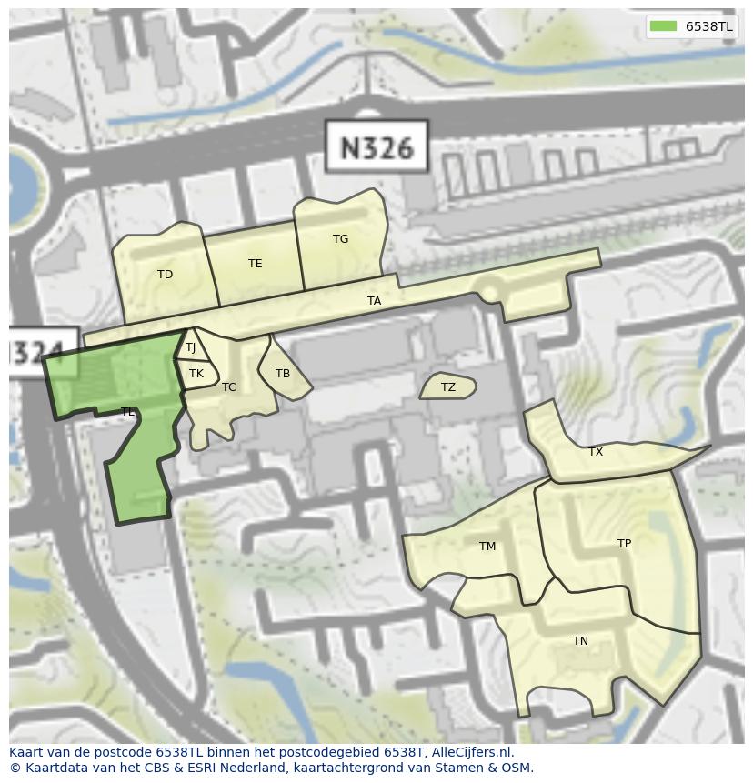 Afbeelding van het postcodegebied 6538 TL op de kaart.