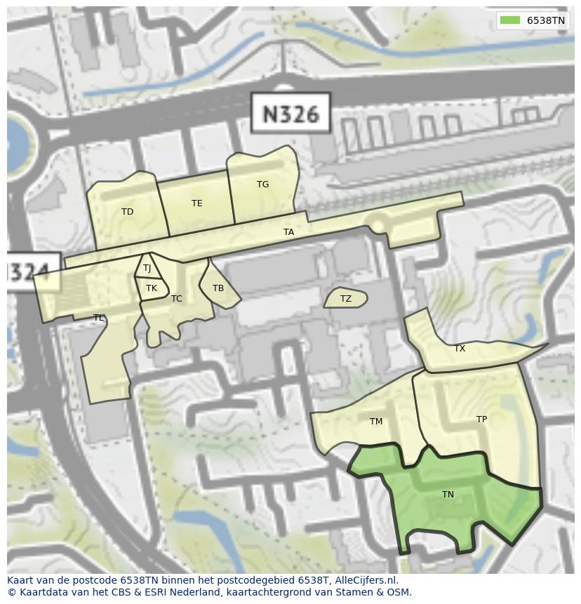 Afbeelding van het postcodegebied 6538 TN op de kaart.