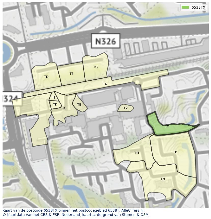 Afbeelding van het postcodegebied 6538 TX op de kaart.