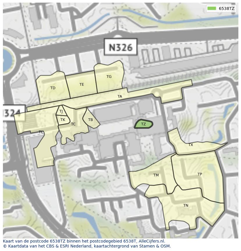 Afbeelding van het postcodegebied 6538 TZ op de kaart.