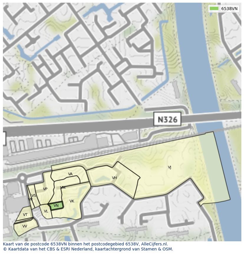 Afbeelding van het postcodegebied 6538 VN op de kaart.