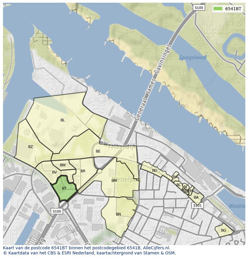 Afbeelding van het postcodegebied 6541 BT op de kaart.