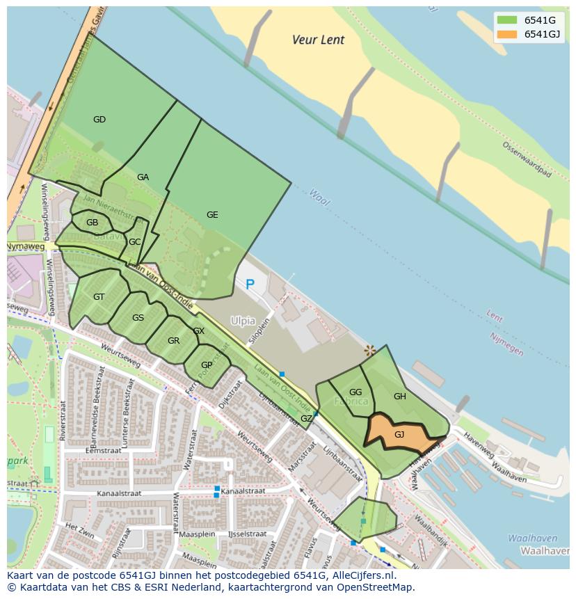Afbeelding van het postcodegebied 6541 GJ op de kaart.