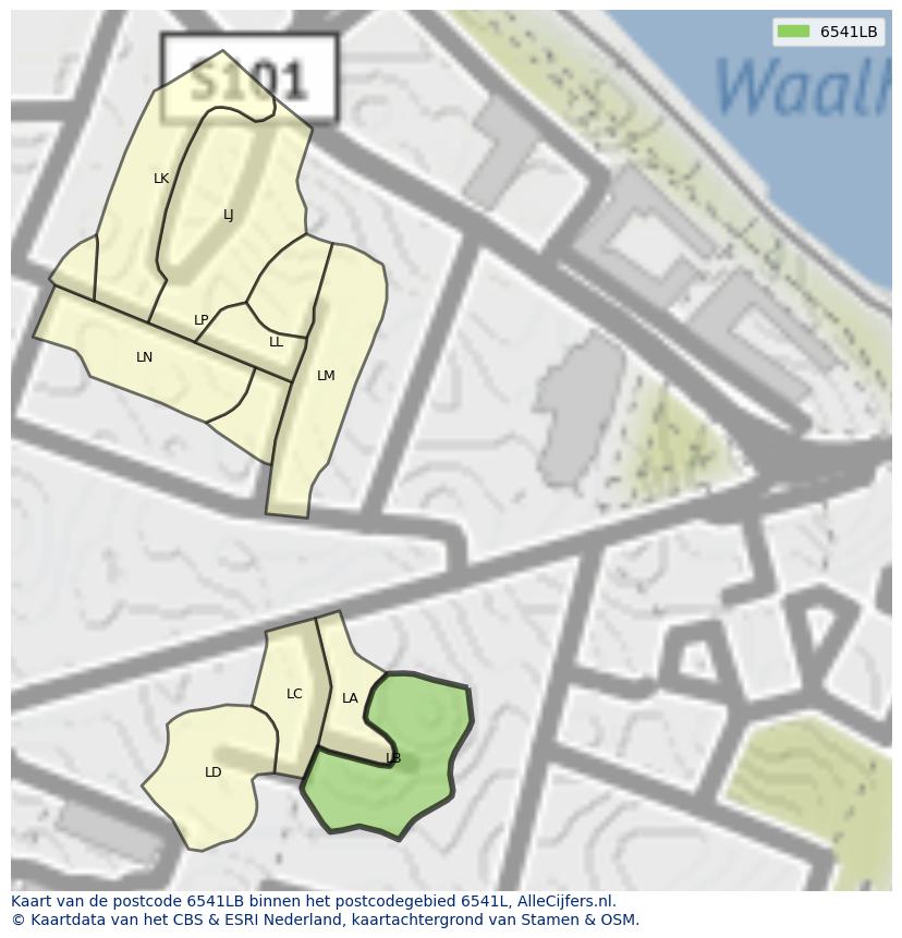 Afbeelding van het postcodegebied 6541 LB op de kaart.