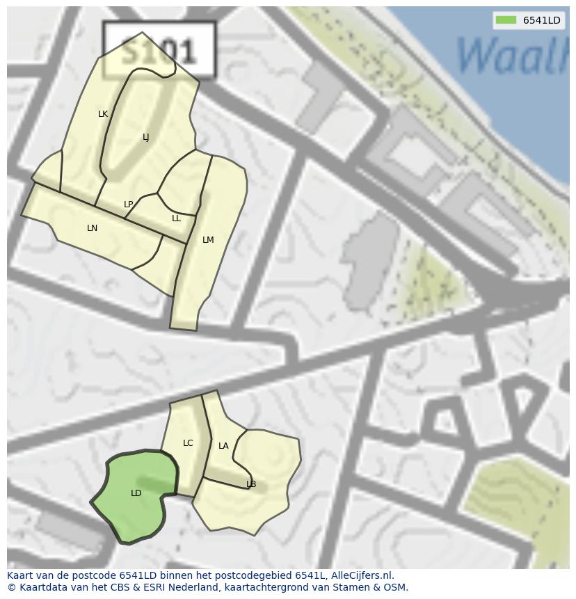 Afbeelding van het postcodegebied 6541 LD op de kaart.