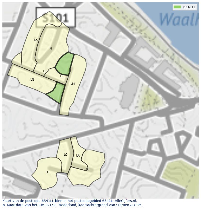 Afbeelding van het postcodegebied 6541 LL op de kaart.