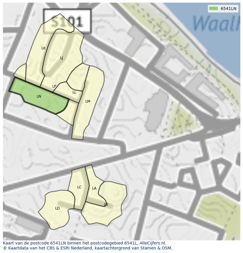 Afbeelding van het postcodegebied 6541 LN op de kaart.