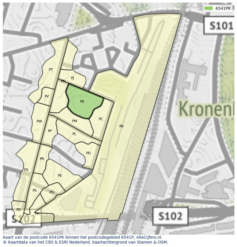 Afbeelding van het postcodegebied 6541 PK op de kaart.