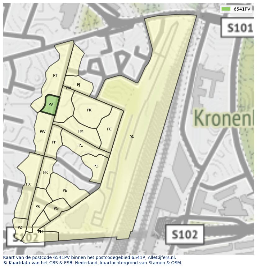 Afbeelding van het postcodegebied 6541 PV op de kaart.