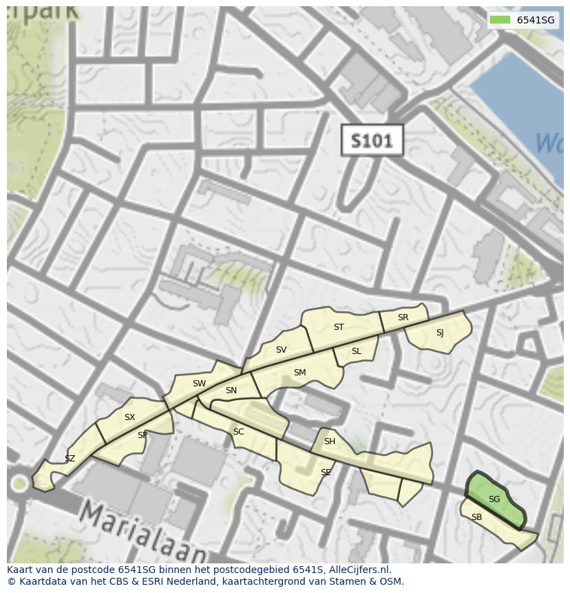 Afbeelding van het postcodegebied 6541 SG op de kaart.