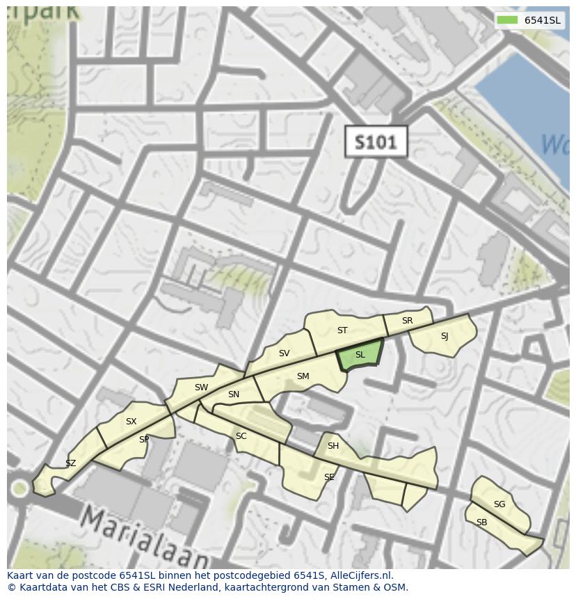 Afbeelding van het postcodegebied 6541 SL op de kaart.