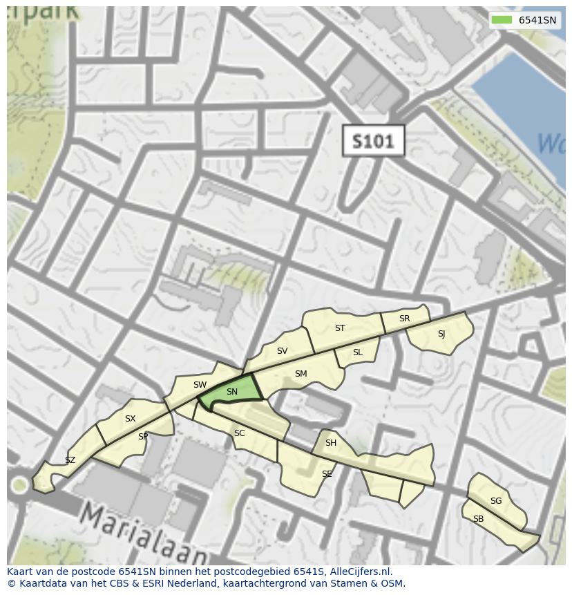 Afbeelding van het postcodegebied 6541 SN op de kaart.