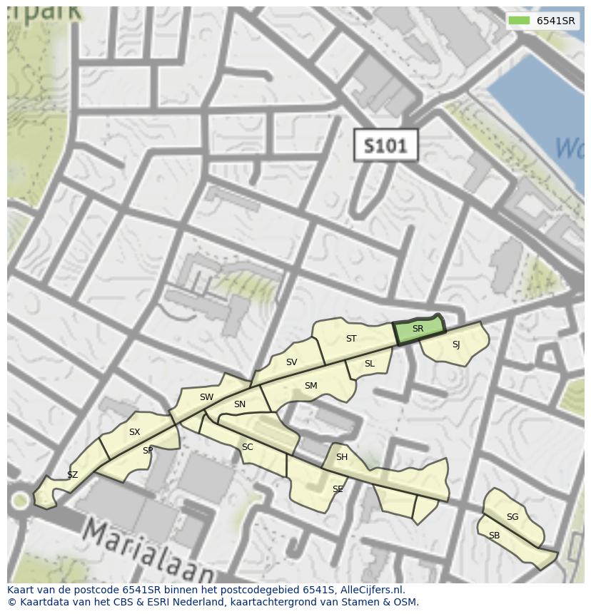 Afbeelding van het postcodegebied 6541 SR op de kaart.