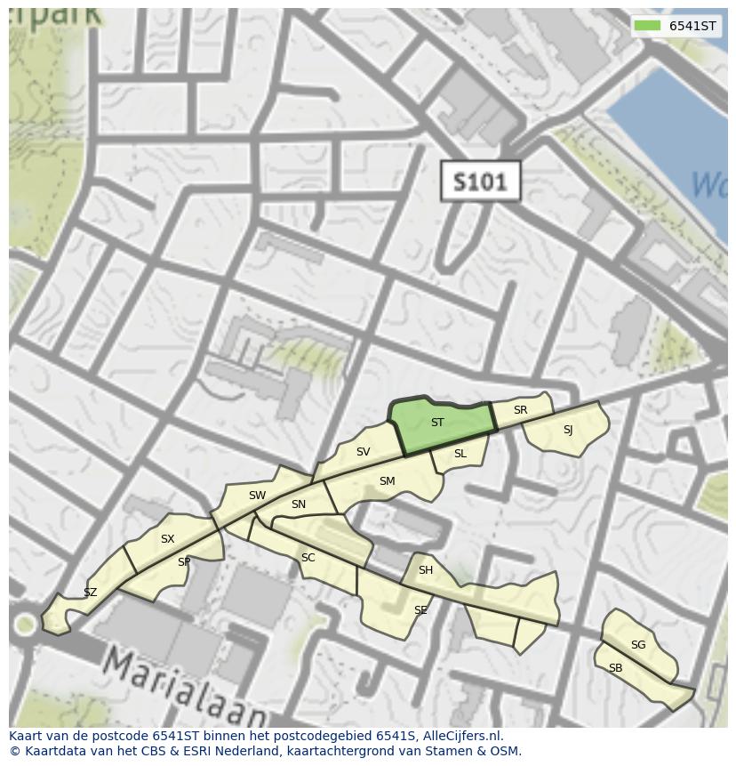 Afbeelding van het postcodegebied 6541 ST op de kaart.