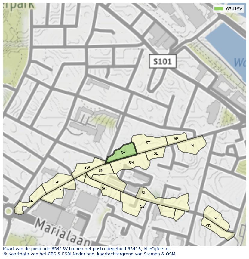Afbeelding van het postcodegebied 6541 SV op de kaart.